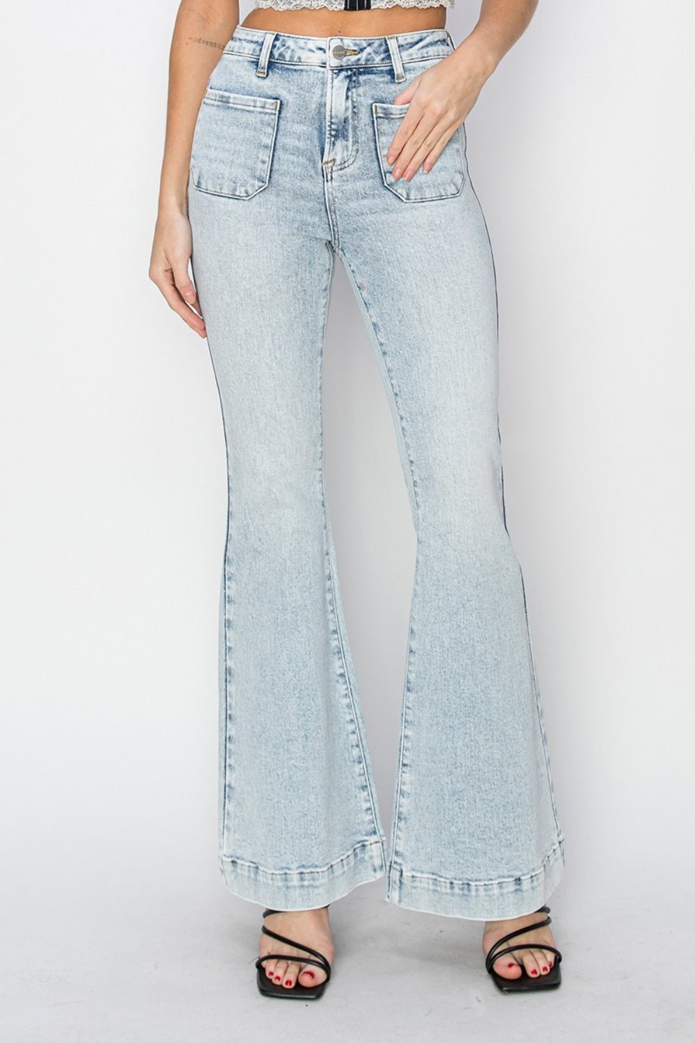 RISENLight Acid Wash High Rise Front Patch Pocket Flare Jeans