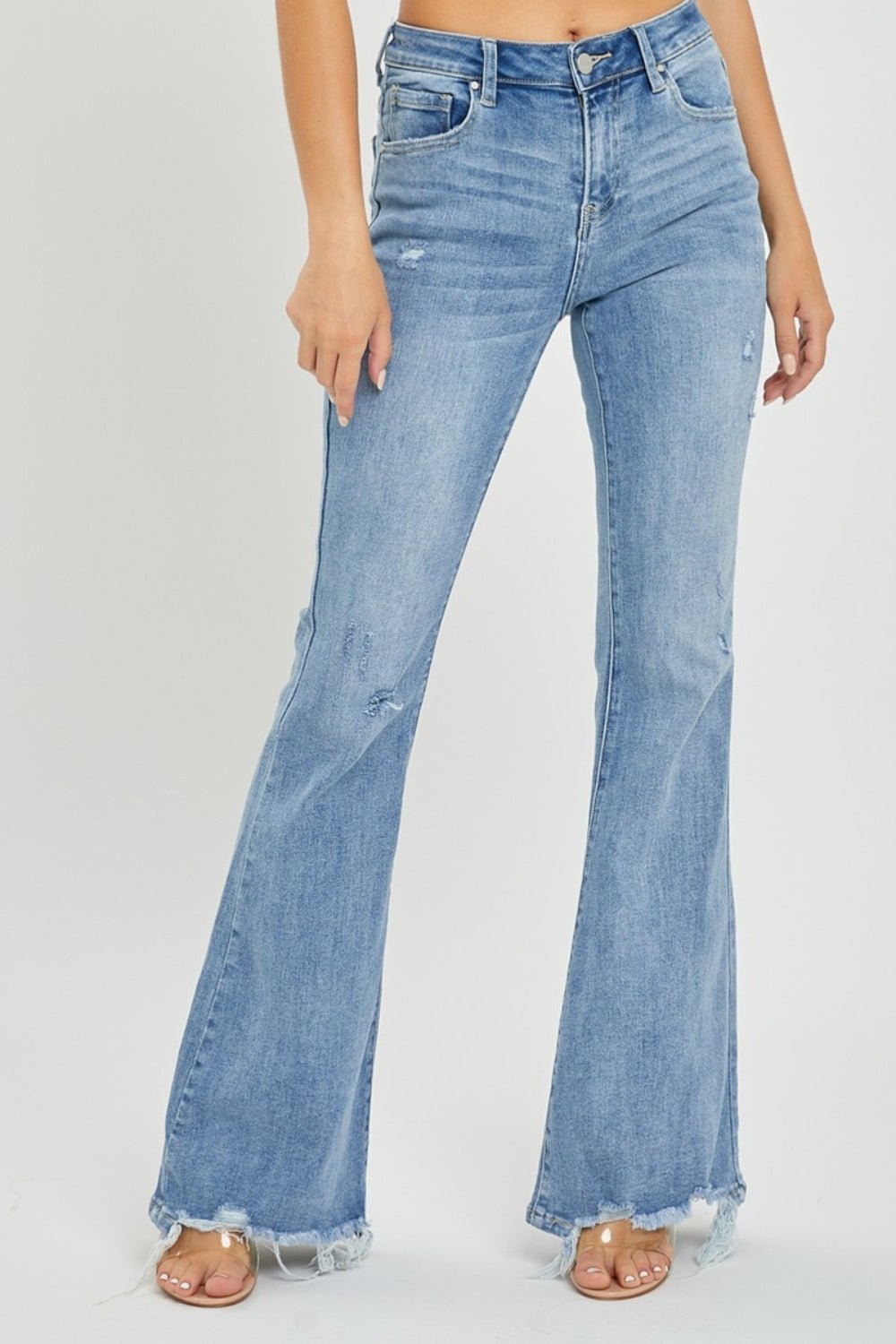 RISENLight Wash High Rise Frayed Hem Flare Jeans