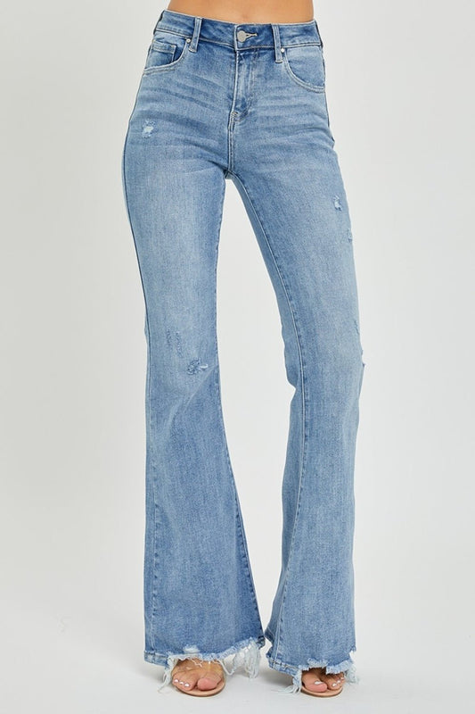 RISENLight Wash High Rise Frayed Hem Flare Jeans