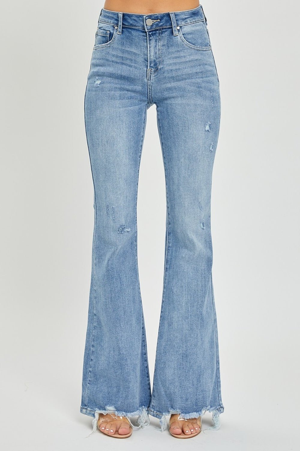 RISENLight Wash High Rise Frayed Hem Flare Jeans