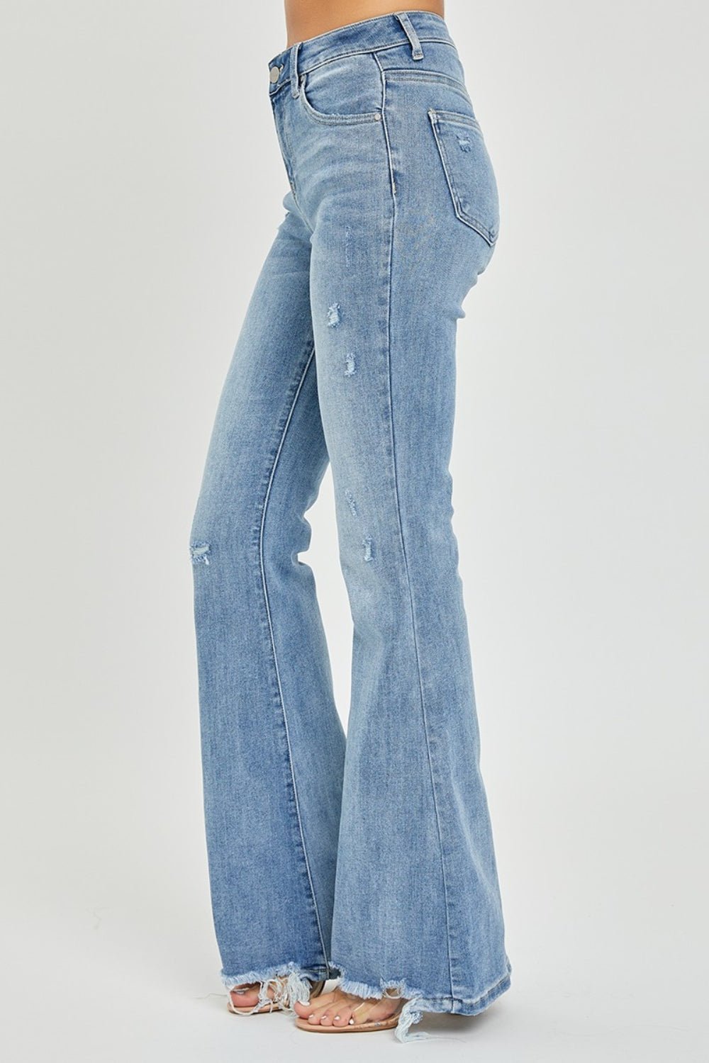 RISENLight Wash High Rise Frayed Hem Flare Jeans