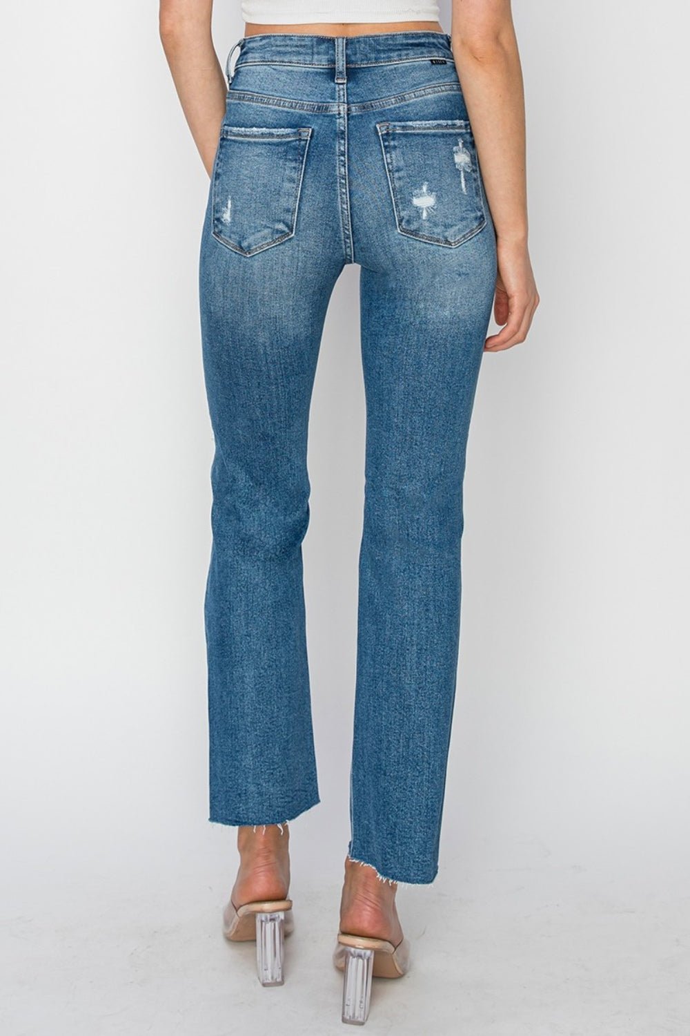 RISENMedium Wash High Rise Distressed Ankle Jeans