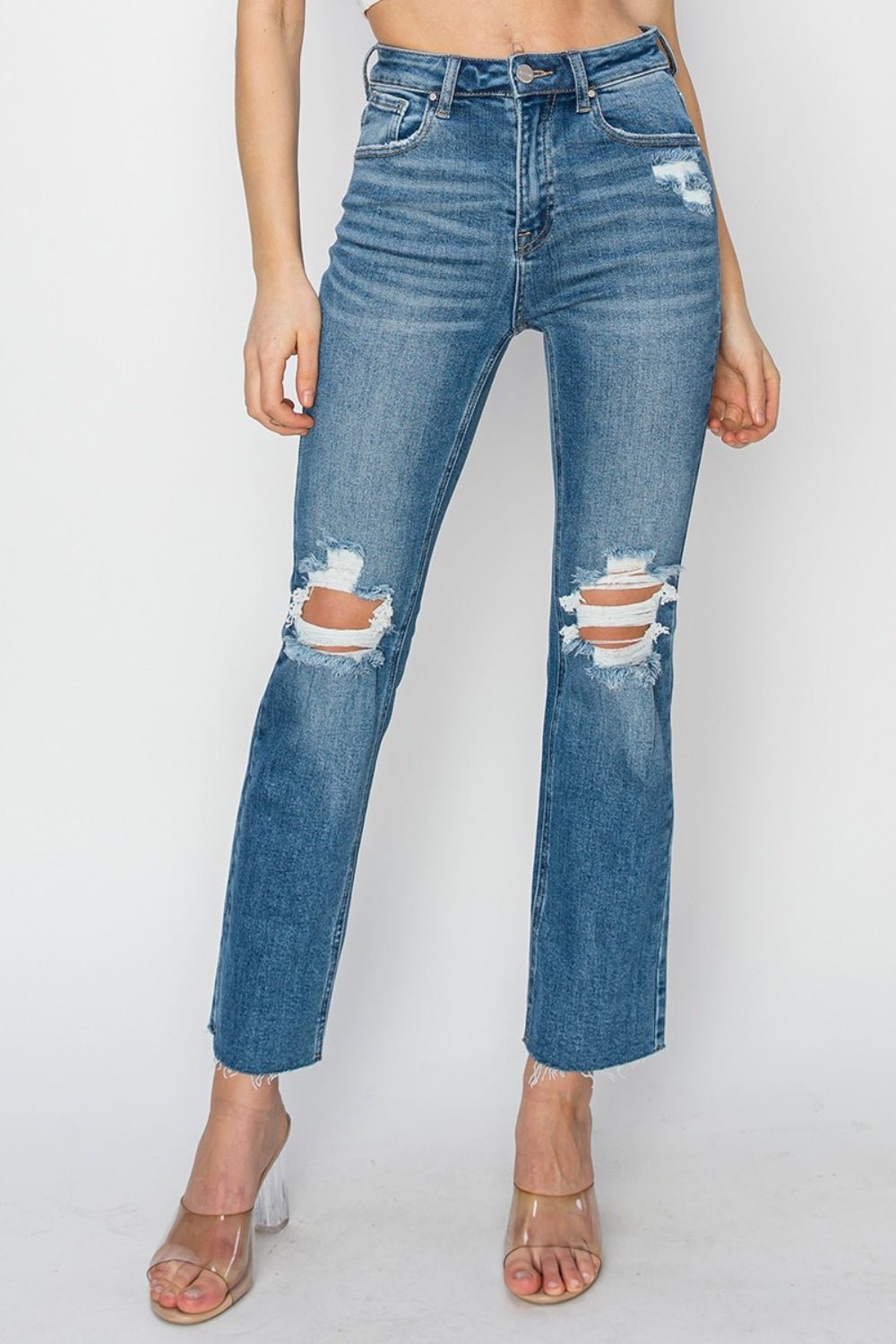 RISENMedium Wash High Rise Distressed Ankle Jeans