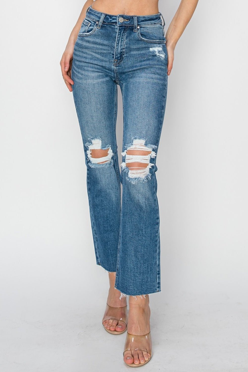 RISENMedium Wash High Rise Distressed Ankle Jeans