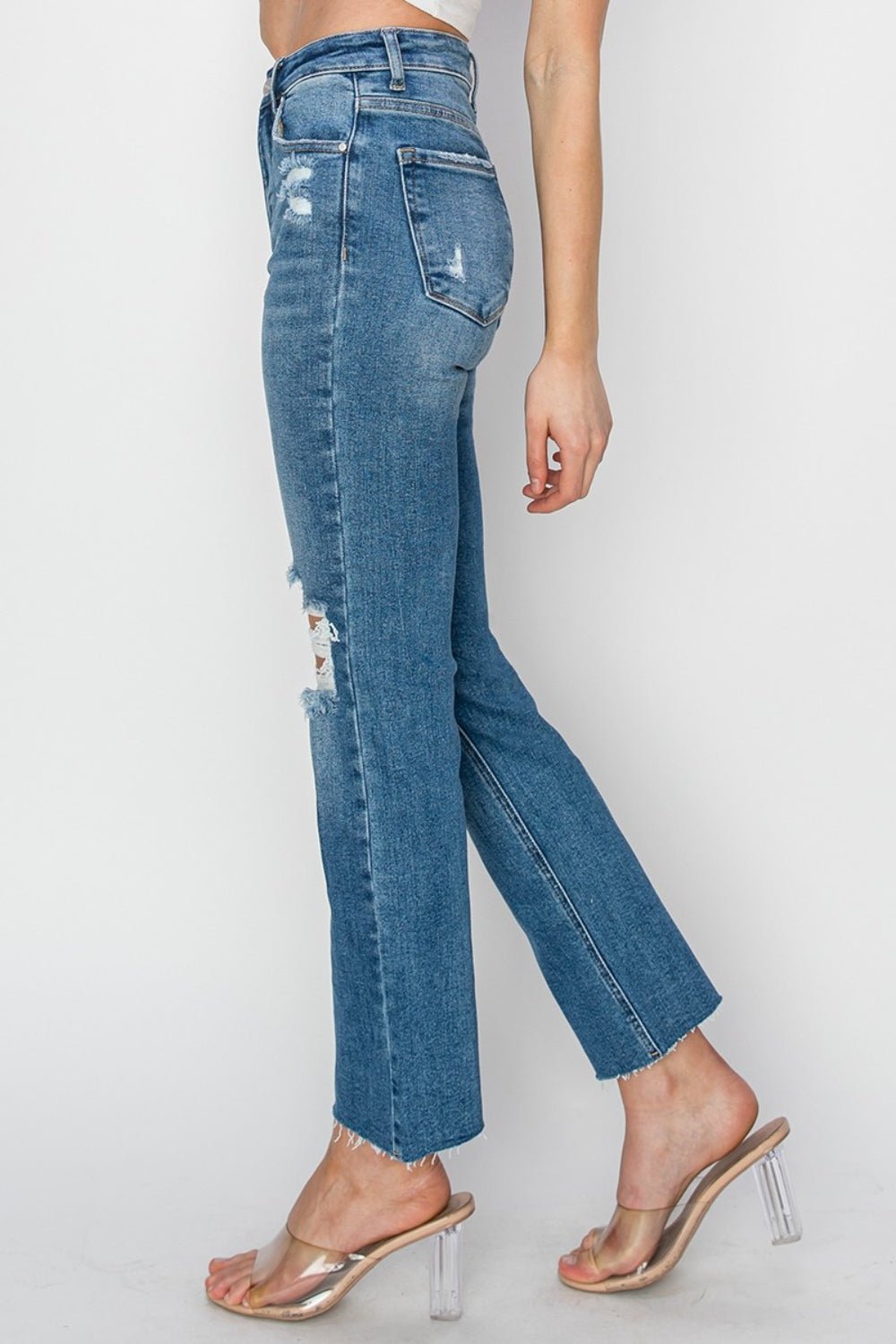 RISENMedium Wash High Rise Distressed Ankle Jeans