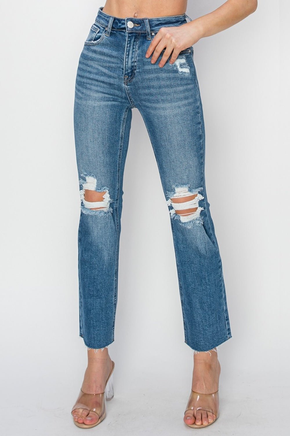 RISENMedium Wash High Rise Distressed Ankle Jeans