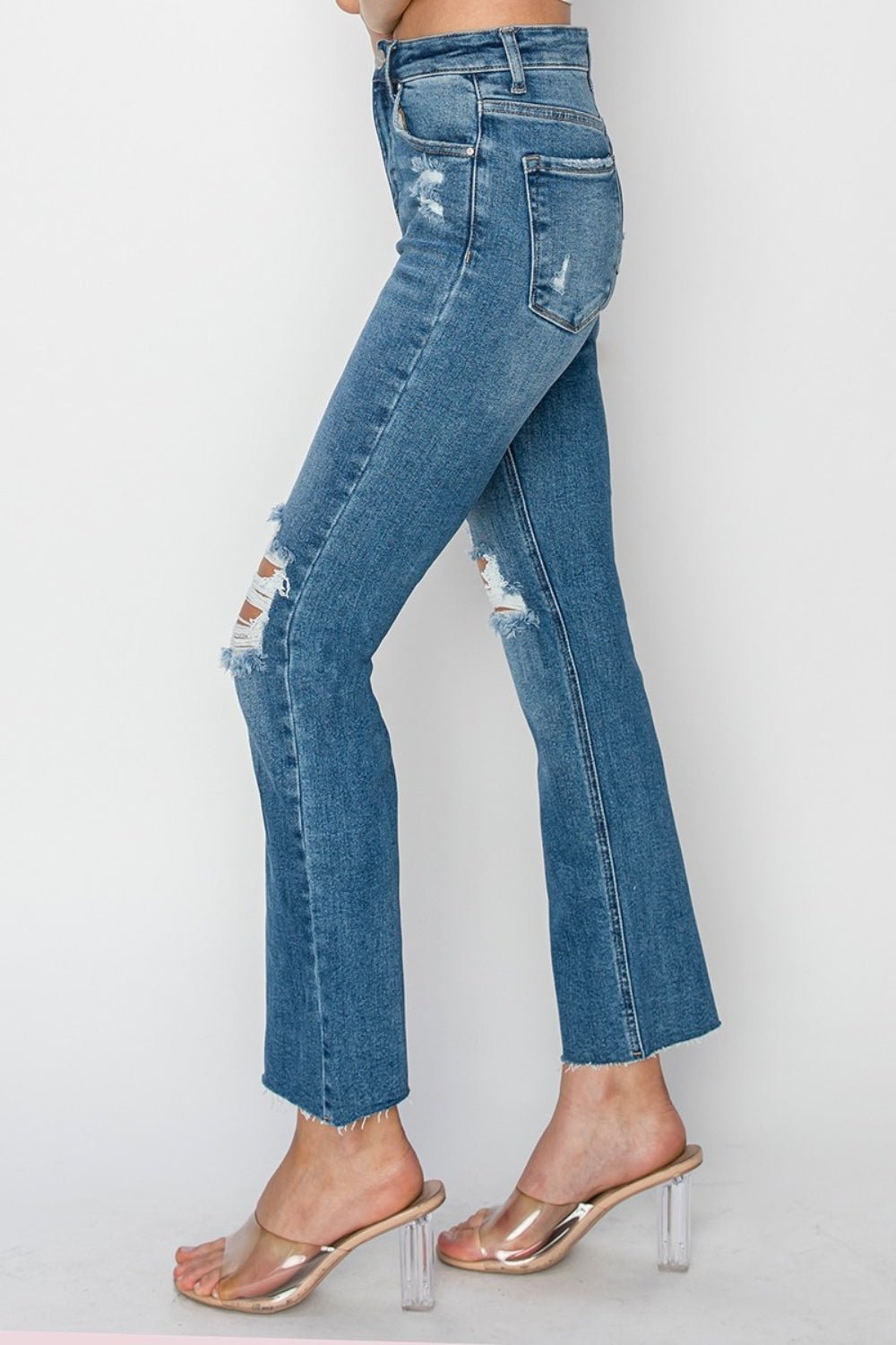 RISENMedium Wash High Rise Distressed Ankle Jeans