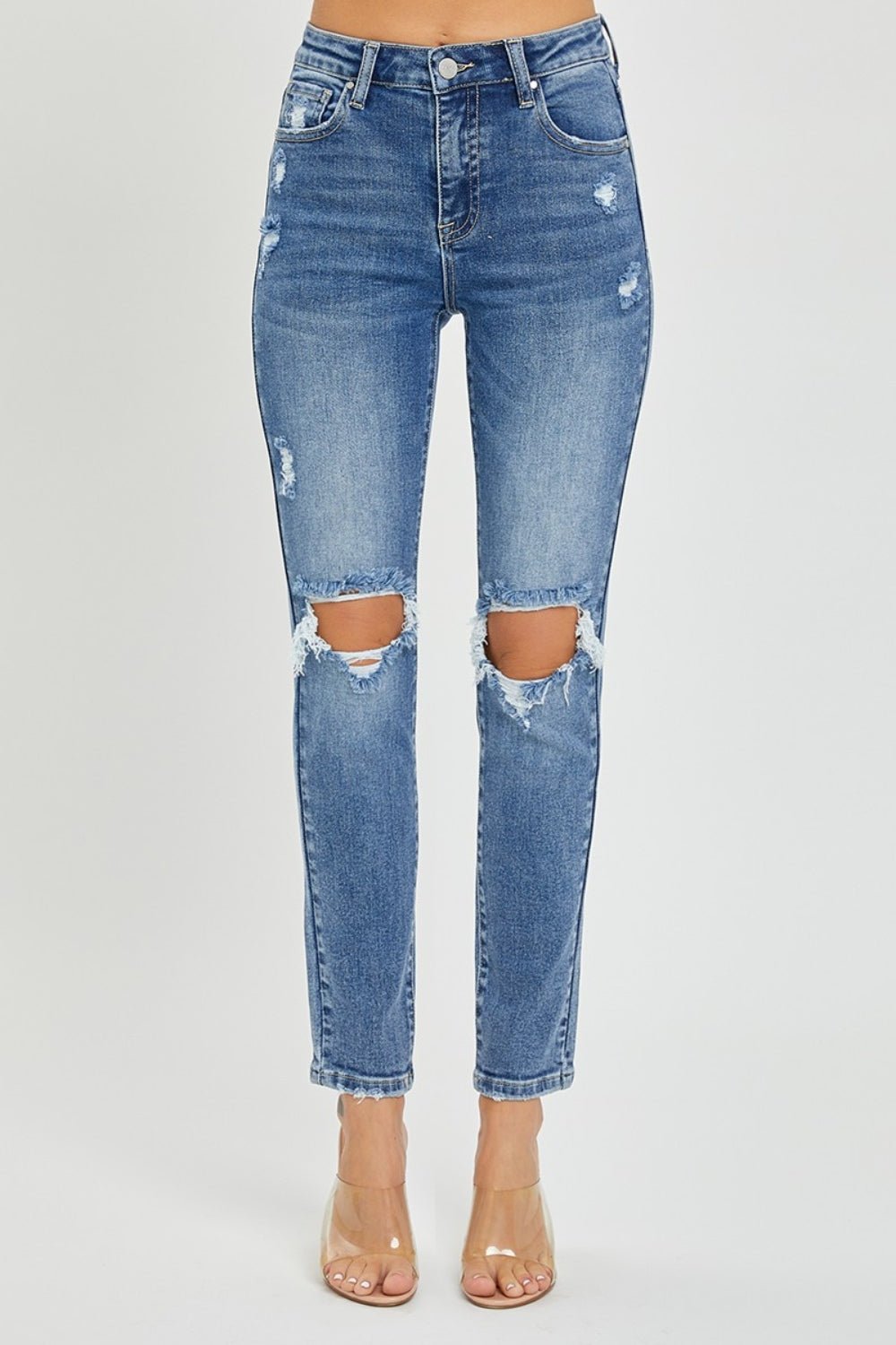 RISENMedium Wash High Rise Distressed Skinny Jeans