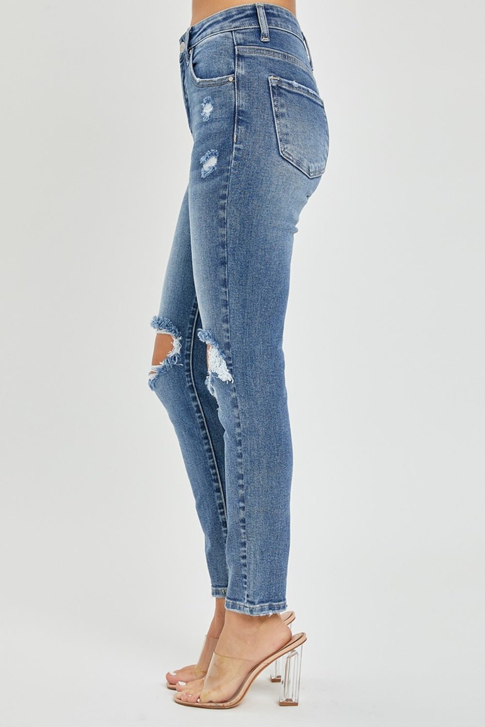 RISENMedium Wash High Rise Distressed Skinny Jeans