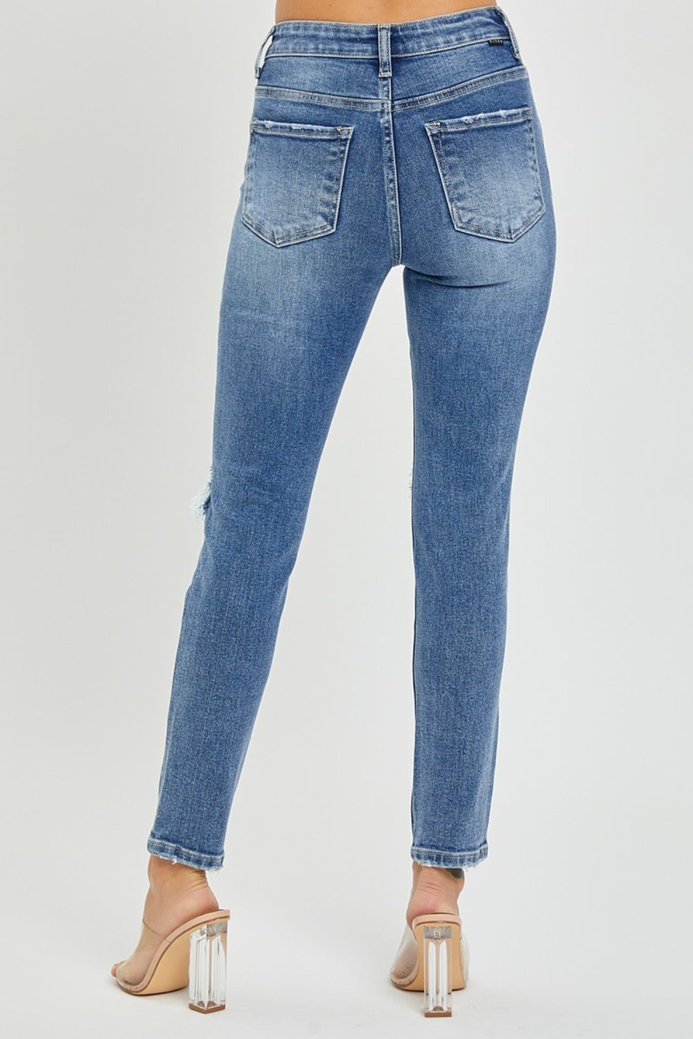 RISENMedium Wash High Rise Distressed Skinny Jeans