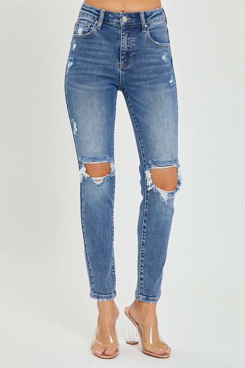 RISENMedium Wash High Rise Distressed Skinny Jeans