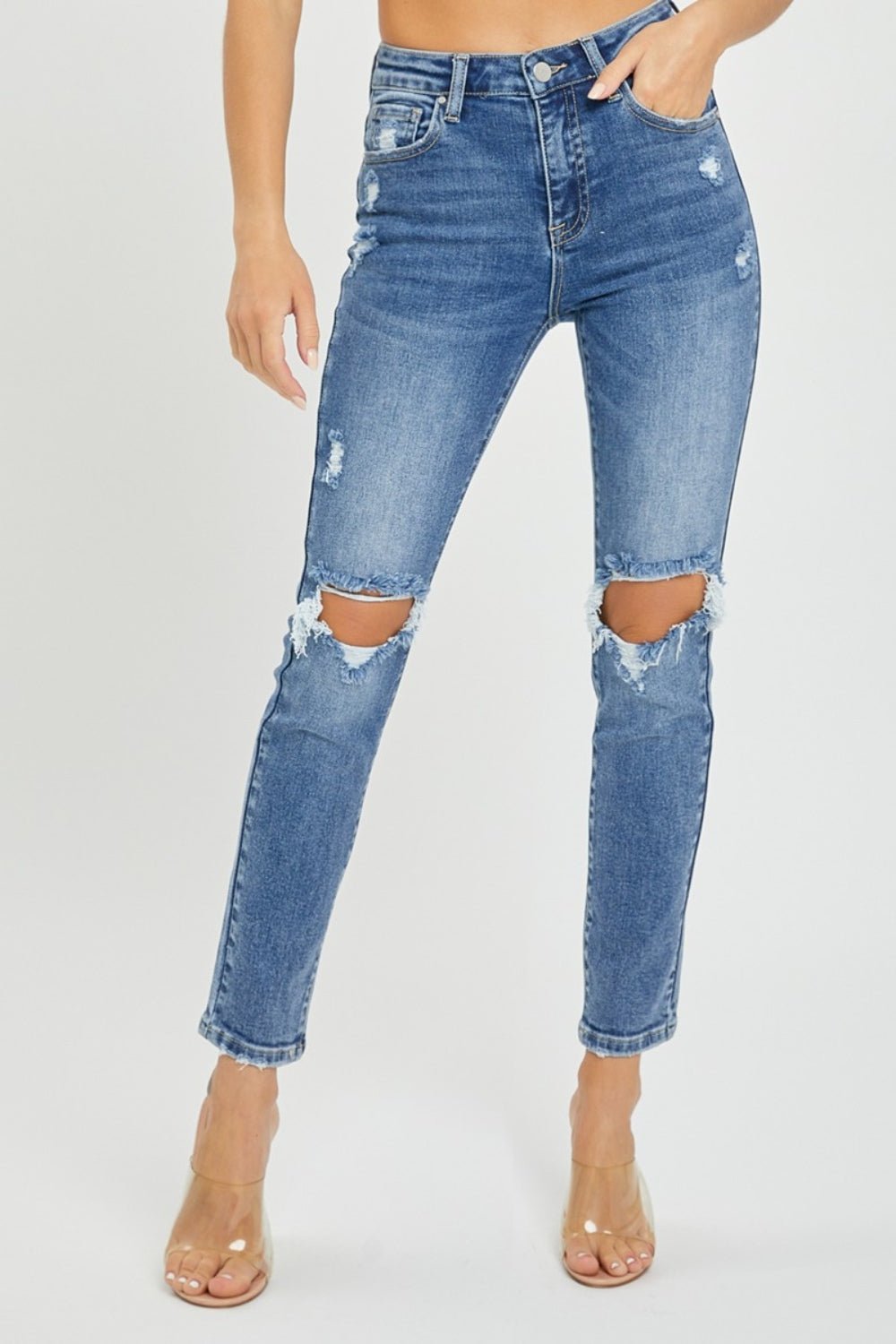 RISENMedium Wash High Rise Distressed Skinny Jeans