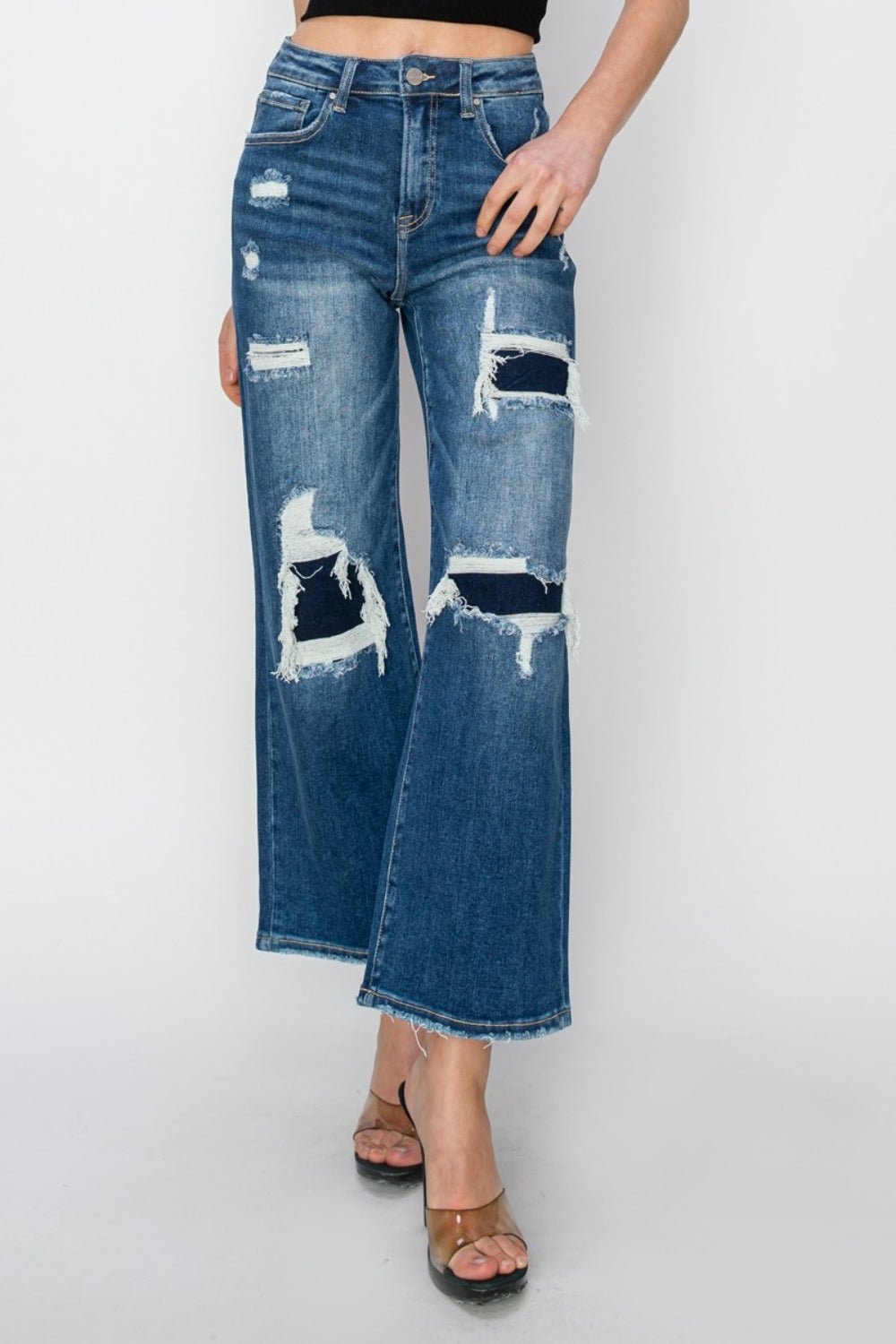 RISENMedium Wash High Rise Patch Detailed Wide Leg Crop Jeans