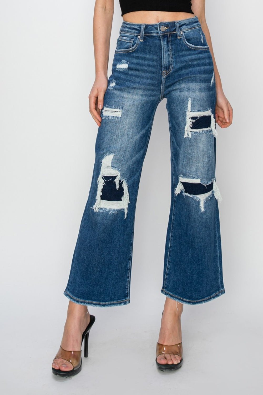 RISENMedium Wash High Rise Patch Detailed Wide Leg Crop Jeans