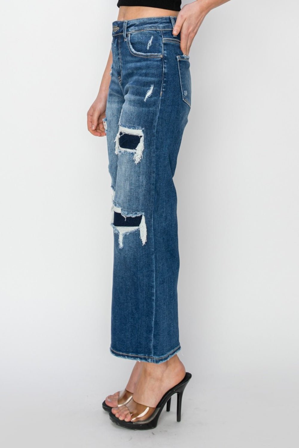 RISENMedium Wash High Rise Patch Detailed Wide Leg Crop Jeans