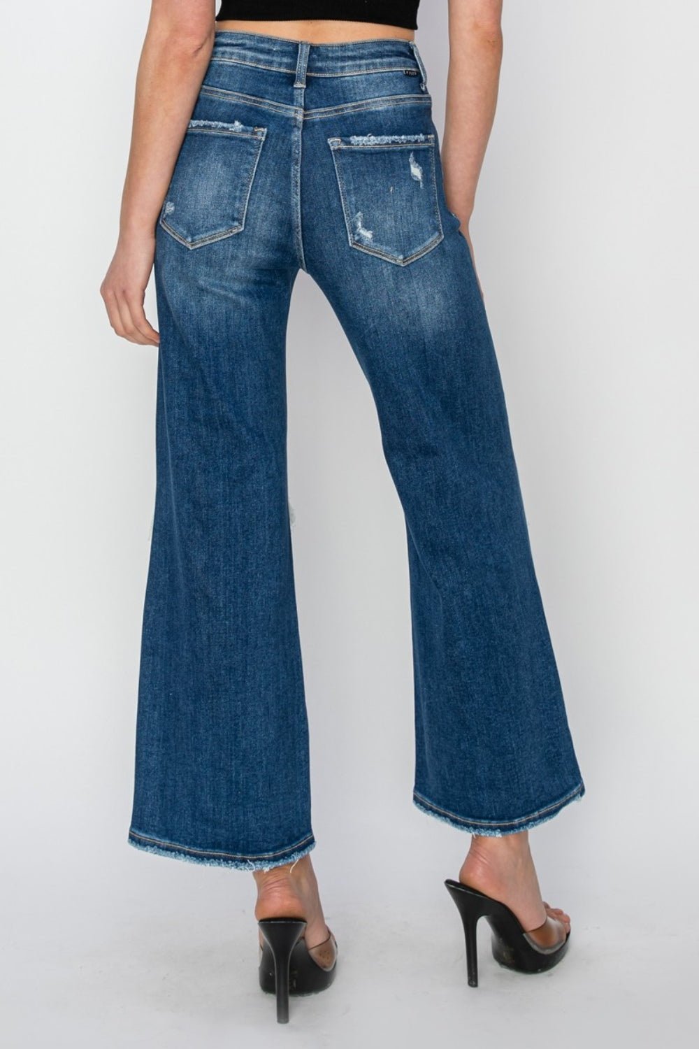 RISENMedium Wash High Rise Patch Detailed Wide Leg Crop Jeans