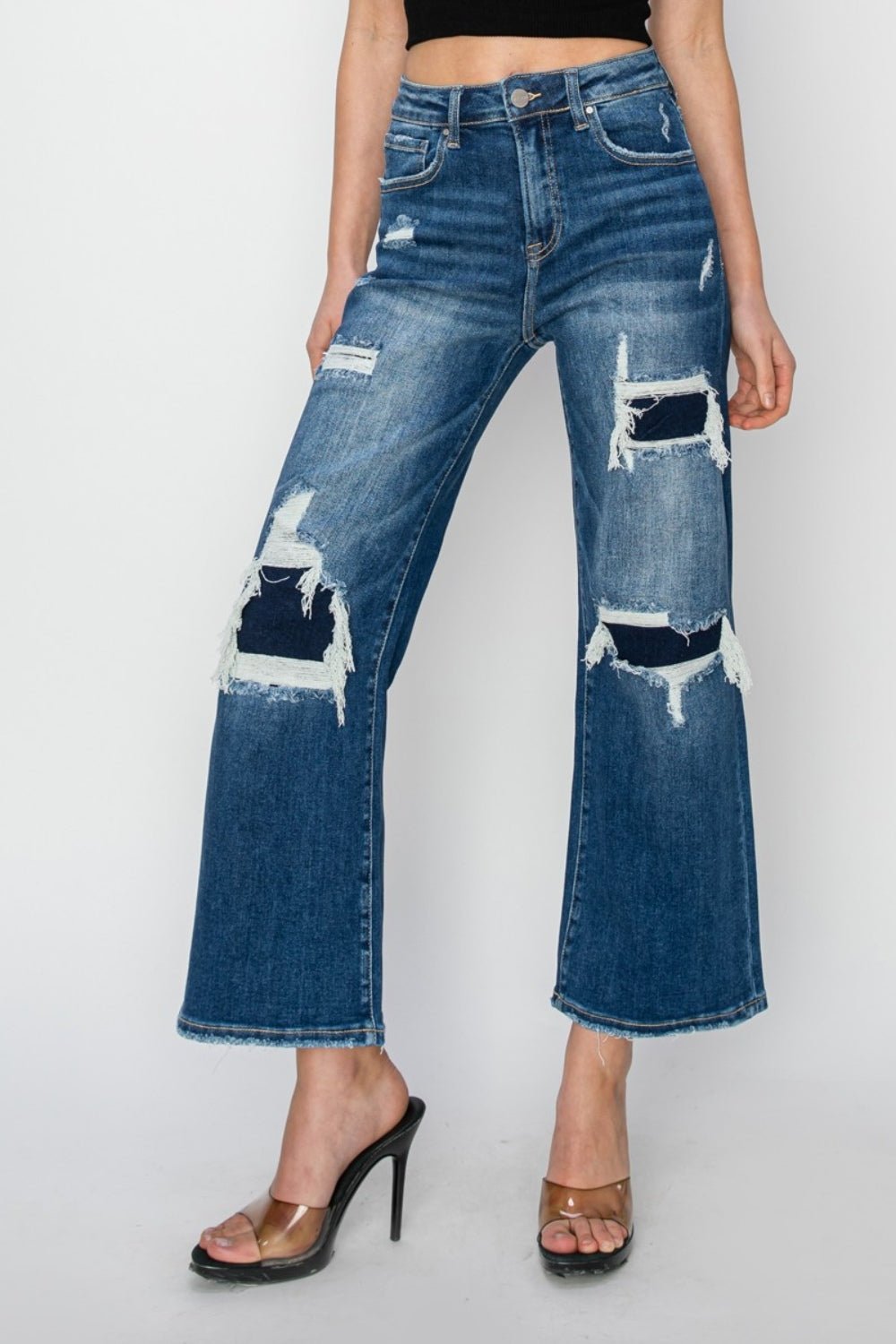 RISENMedium Wash High Rise Patch Detailed Wide Leg Crop Jeans