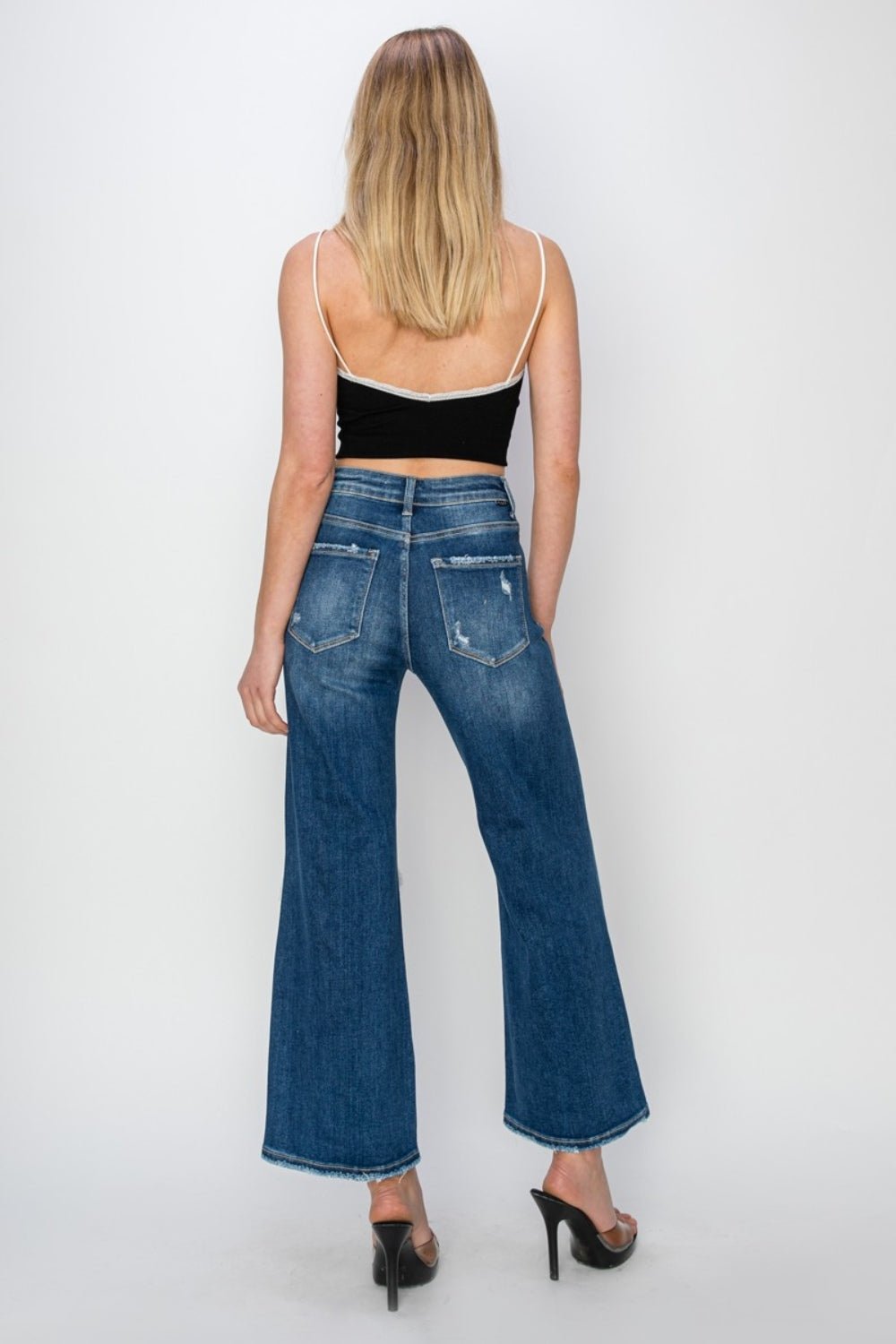 RISENMedium Wash High Rise Patch Detailed Wide Leg Crop Jeans