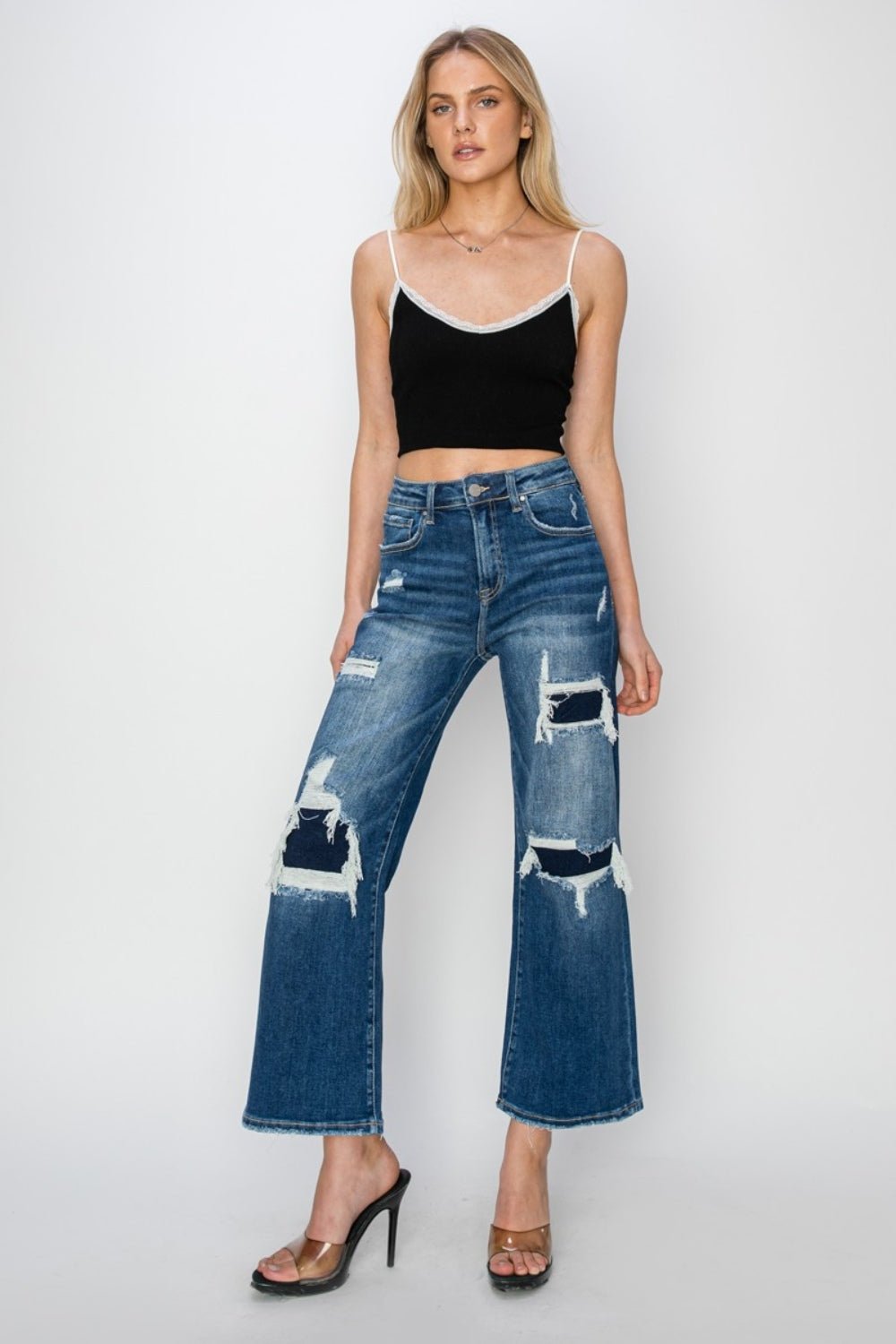 RISENMedium Wash High Rise Patch Detailed Wide Leg Crop Jeans