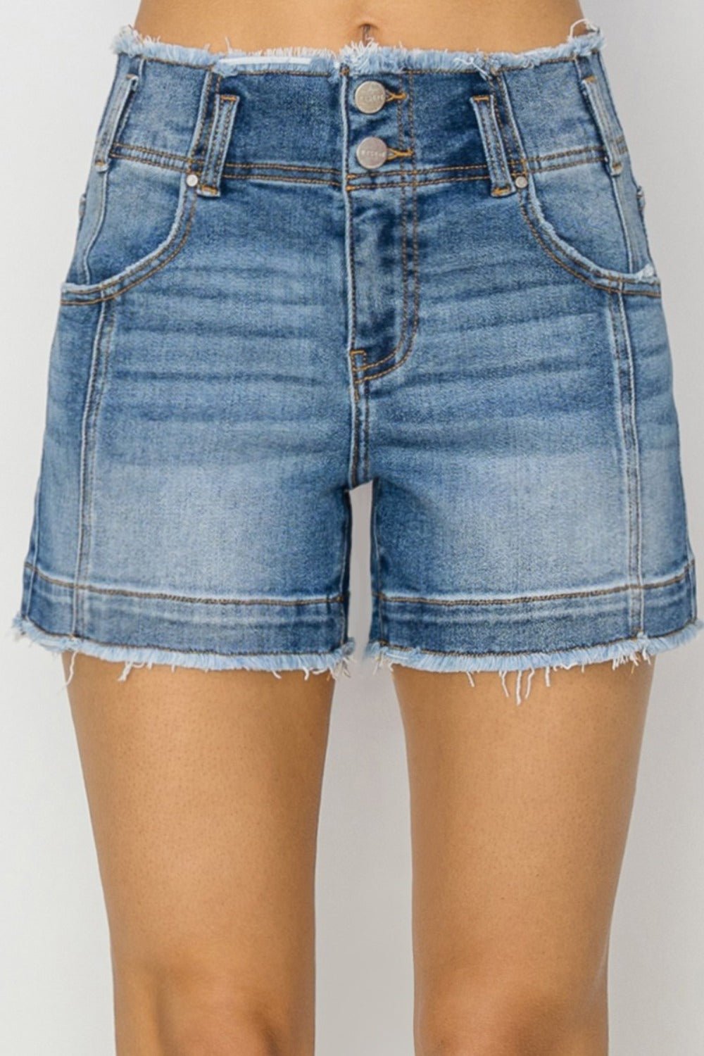 RISENMedium Wash High Rise Raw Edge Denim Shorts