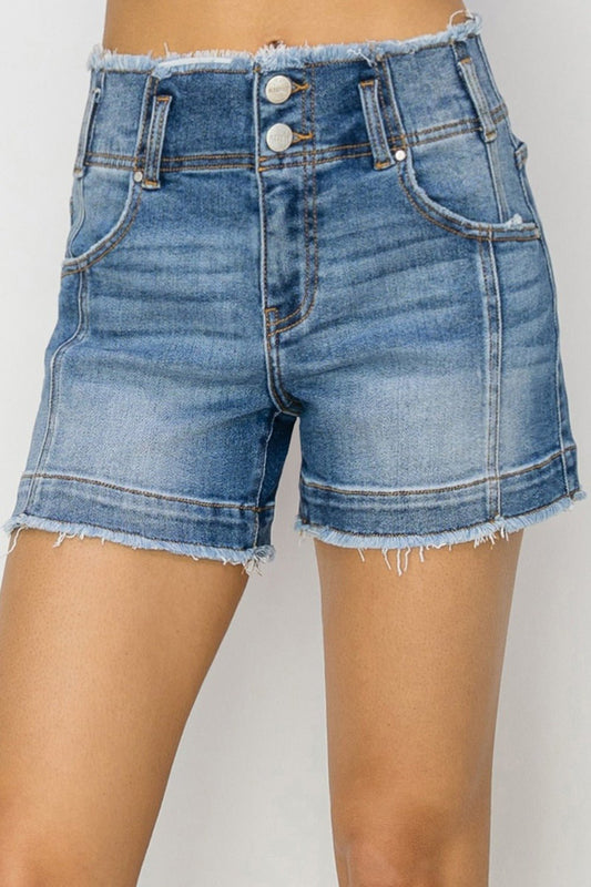 RISENMedium Wash High Rise Raw Edge Denim Shorts