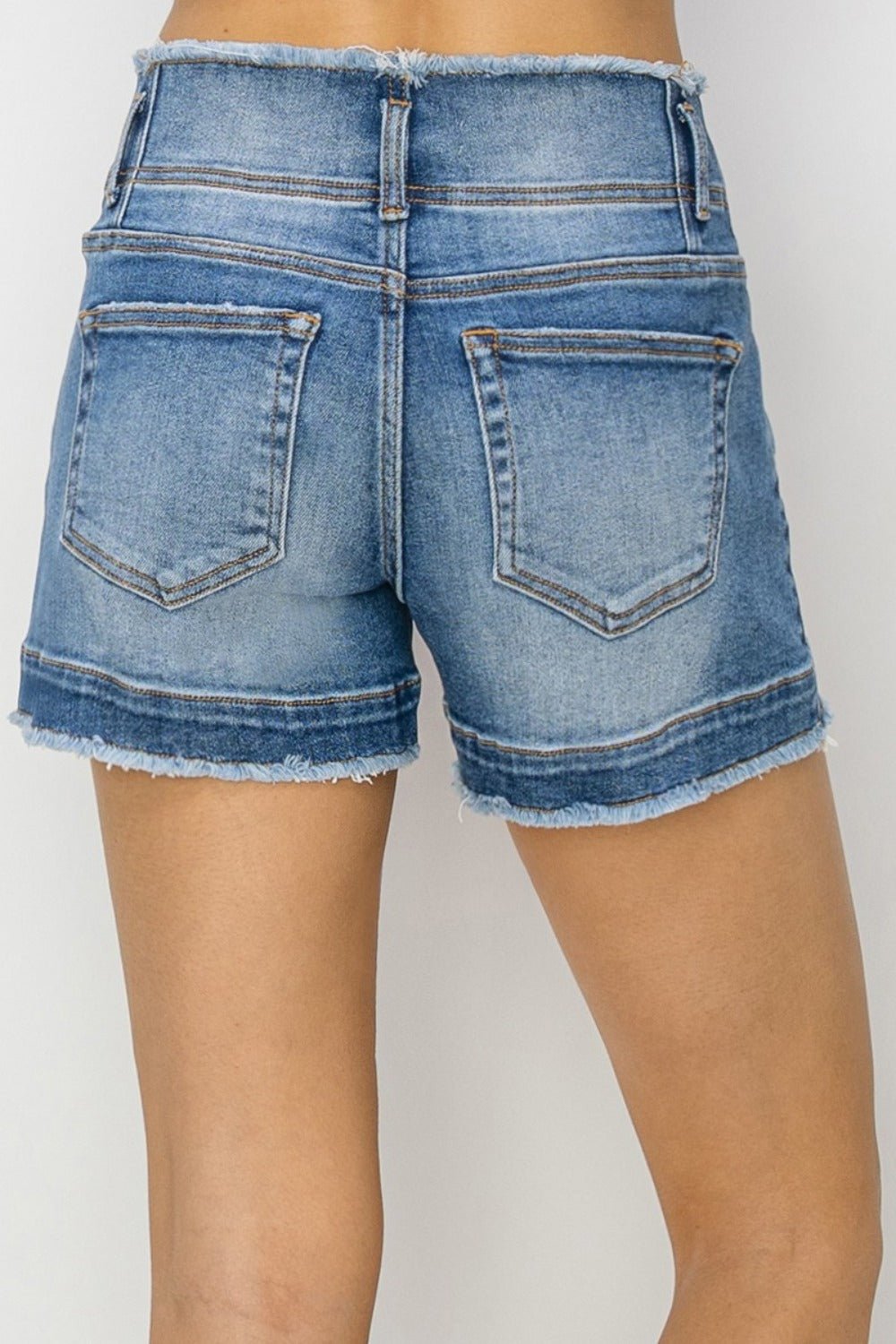 RISENMedium Wash High Rise Raw Edge Denim Shorts