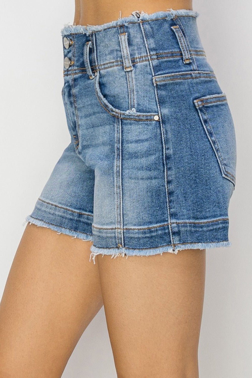 RISENMedium Wash High Rise Raw Edge Denim Shorts