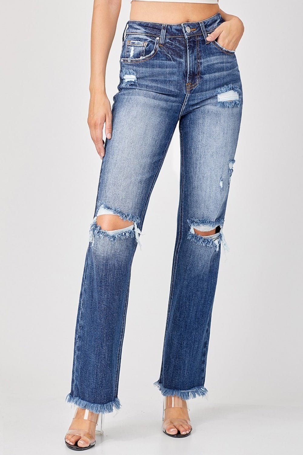 RISENRaw Hem Distressed Straight Jeans in Deep Blue