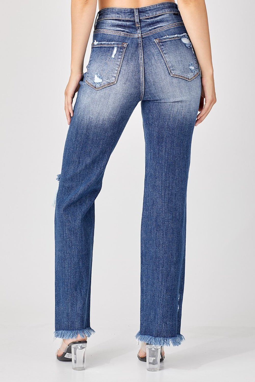 RISENRaw Hem Distressed Straight Jeans in Deep Blue