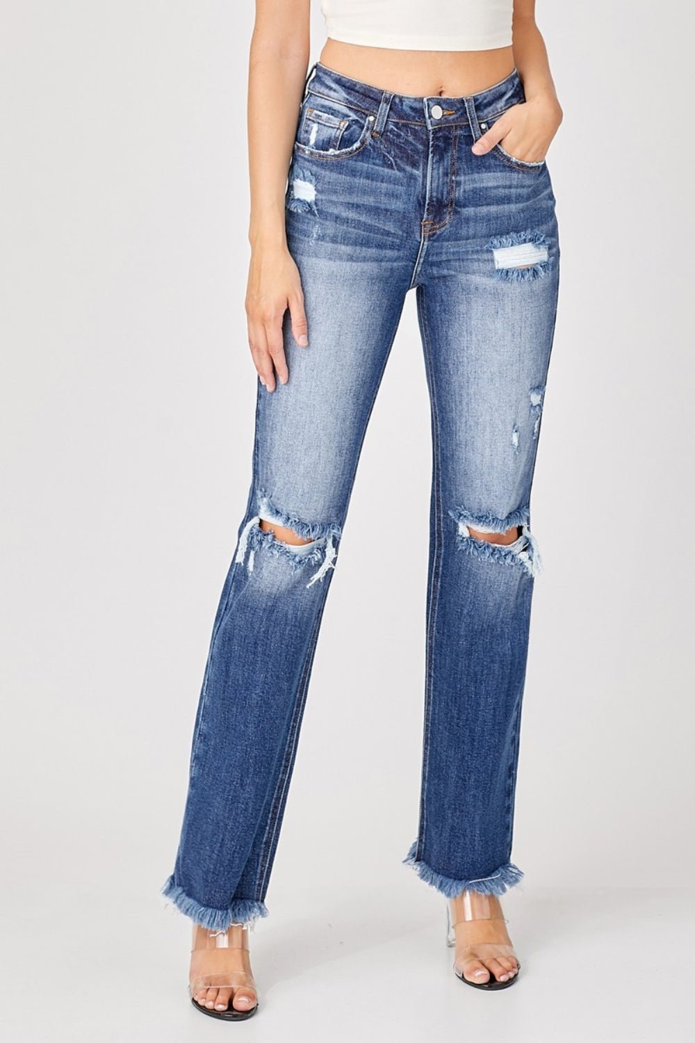 RISENRaw Hem Distressed Straight Jeans in Deep Blue