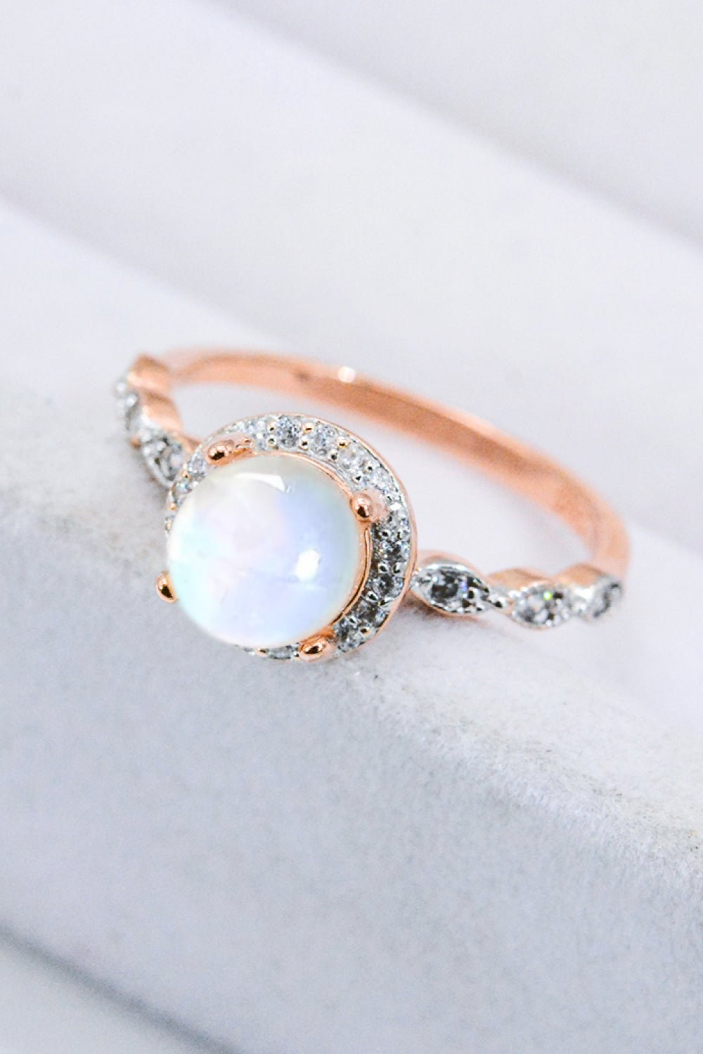 Round Natural Moonstone Rose Gold RingRingBeach Rose Co.