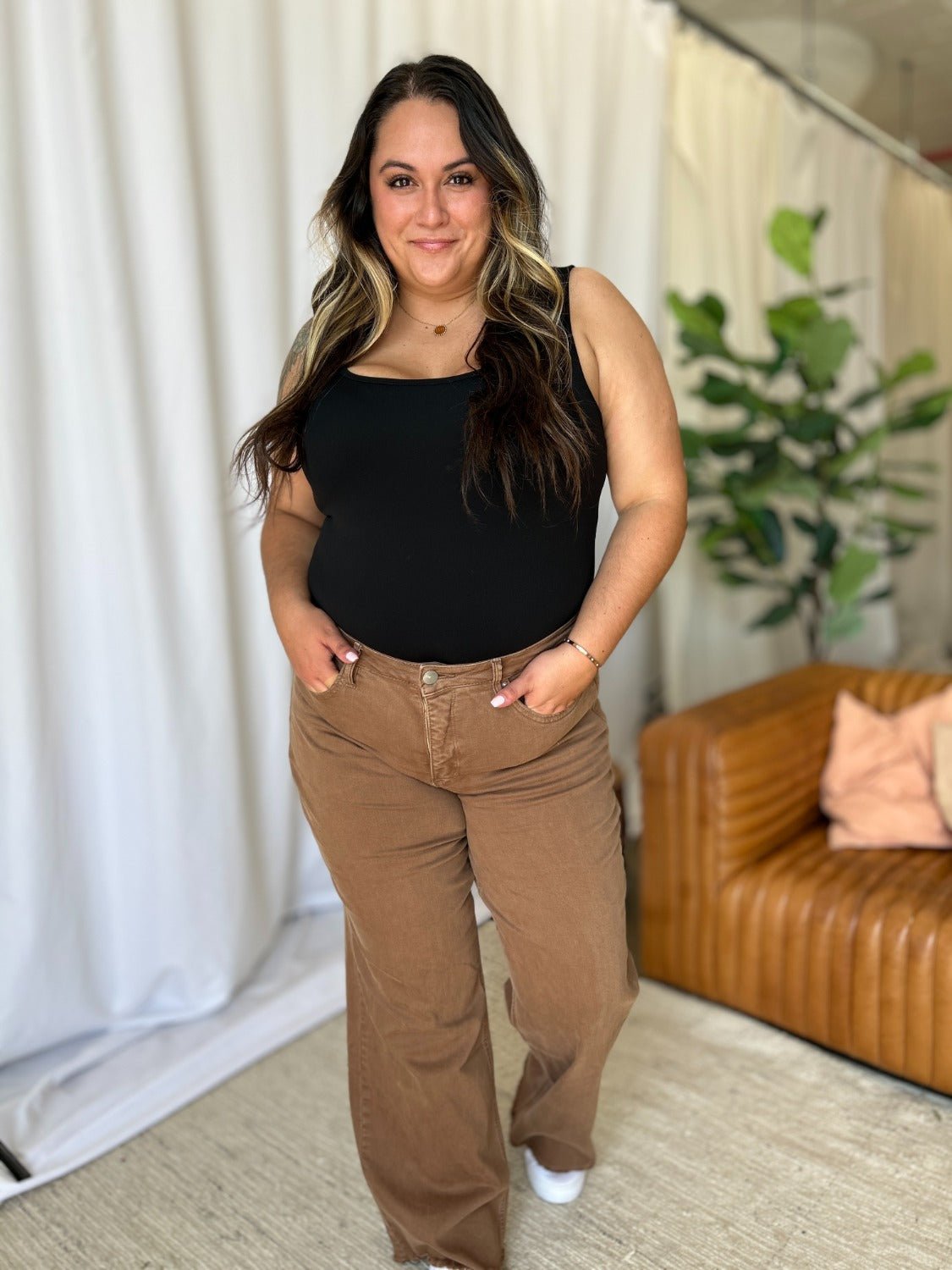 ROYALTY FOR ME - High Rise Garment Dye Wide Leg Jeans in Coffee