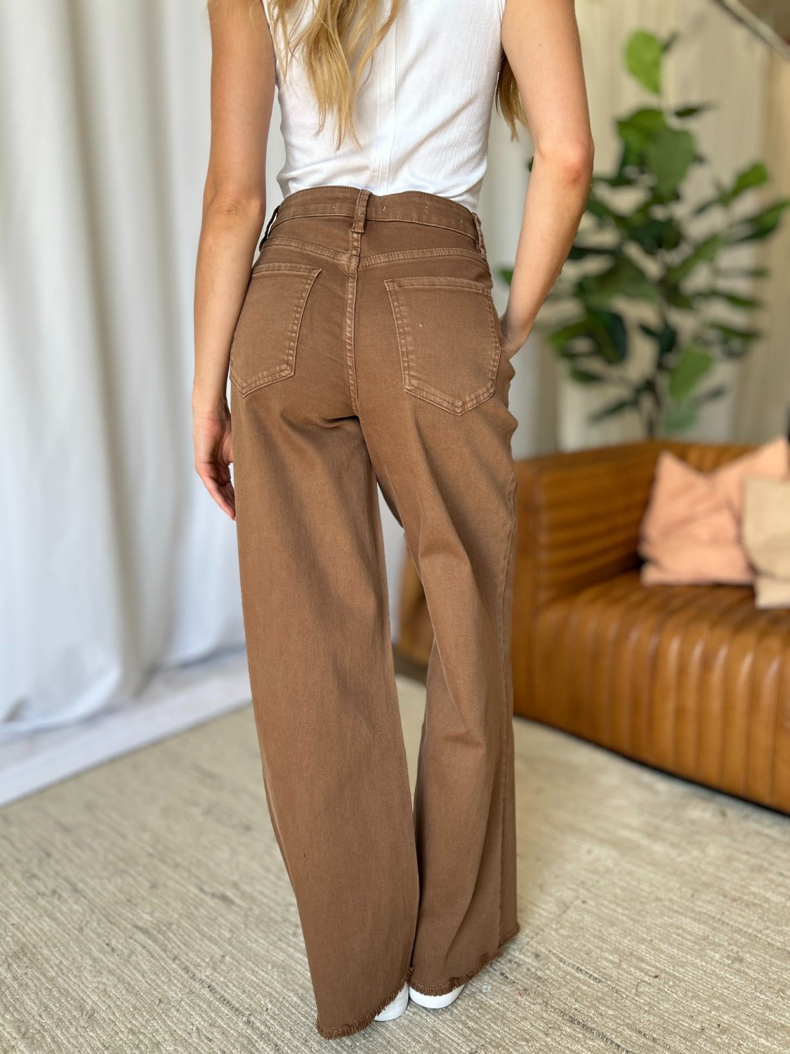 ROYALTY FOR ME - High Rise Garment Dye Wide Leg Jeans in Coffee