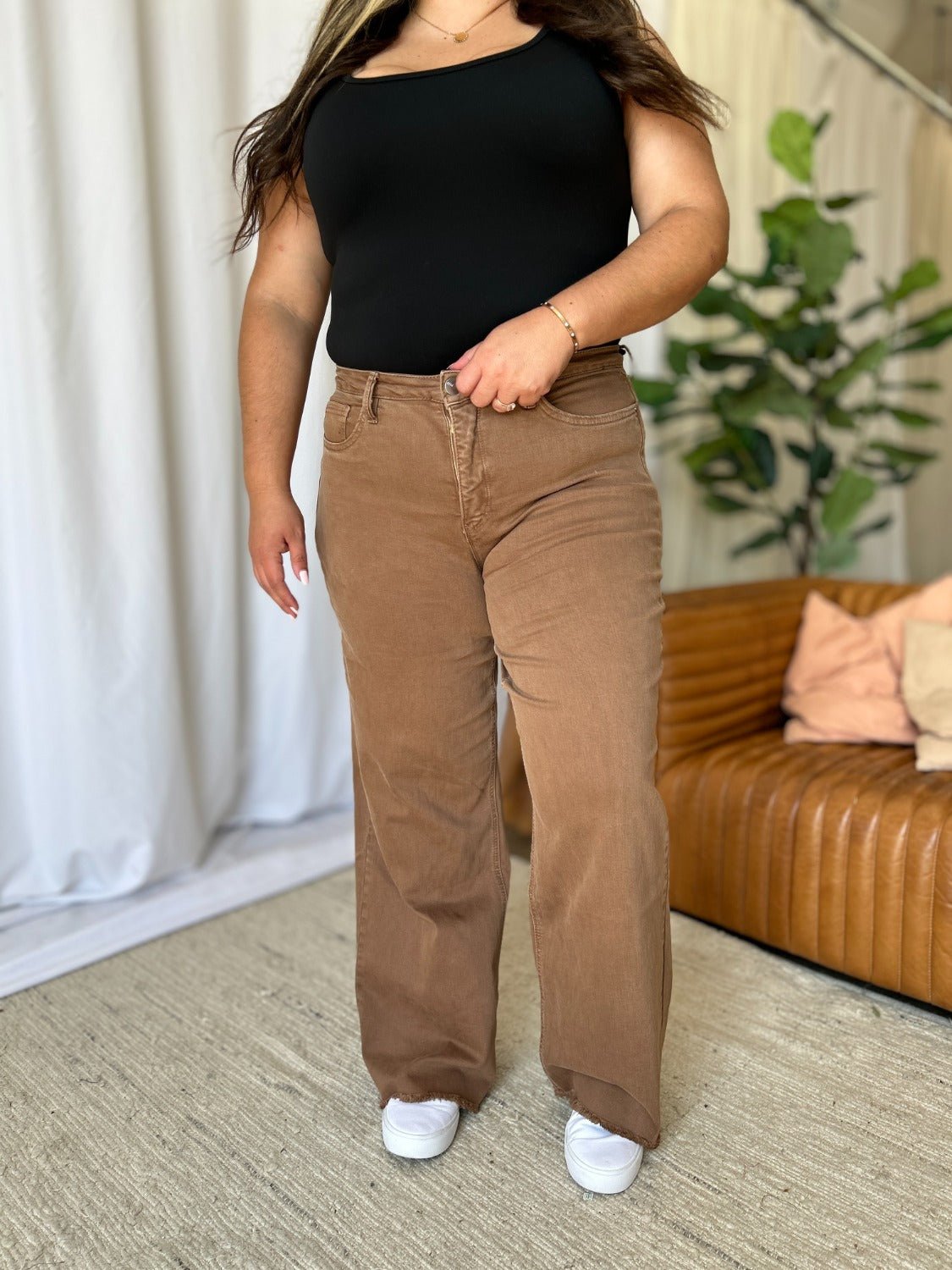 ROYALTY FOR ME - High Rise Garment Dye Wide Leg Jeans in Coffee