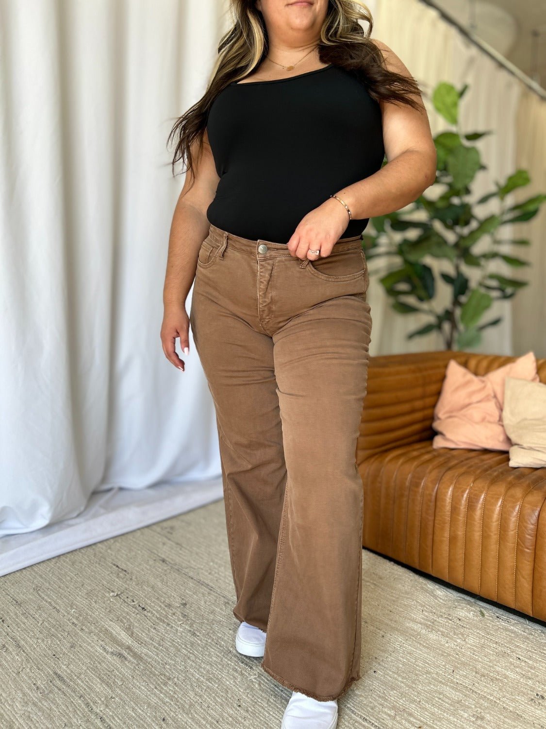 ROYALTY FOR ME - High Rise Garment Dye Wide Leg Jeans in Coffee