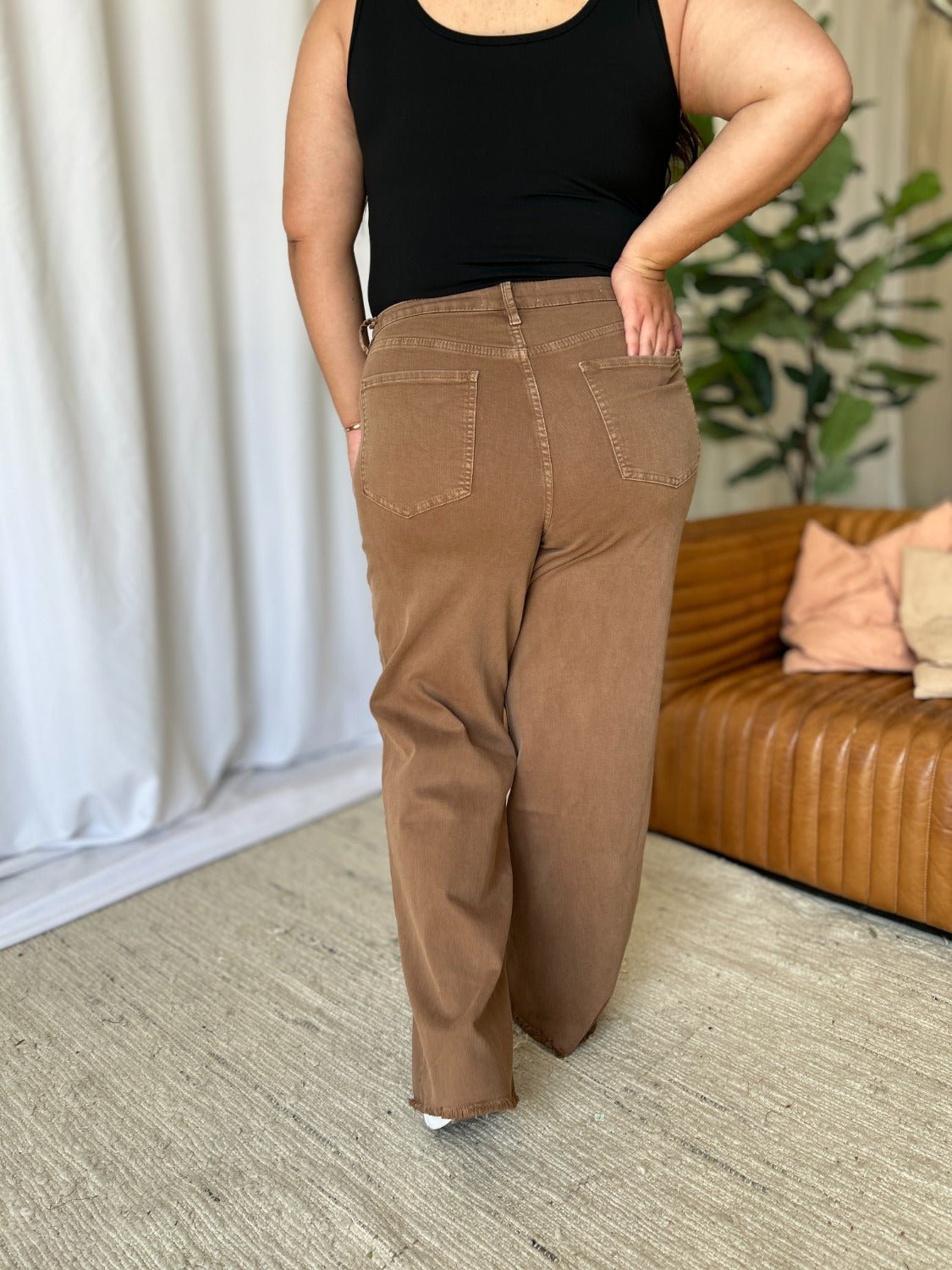 ROYALTY FOR ME - High Rise Garment Dye Wide Leg Jeans in Coffee