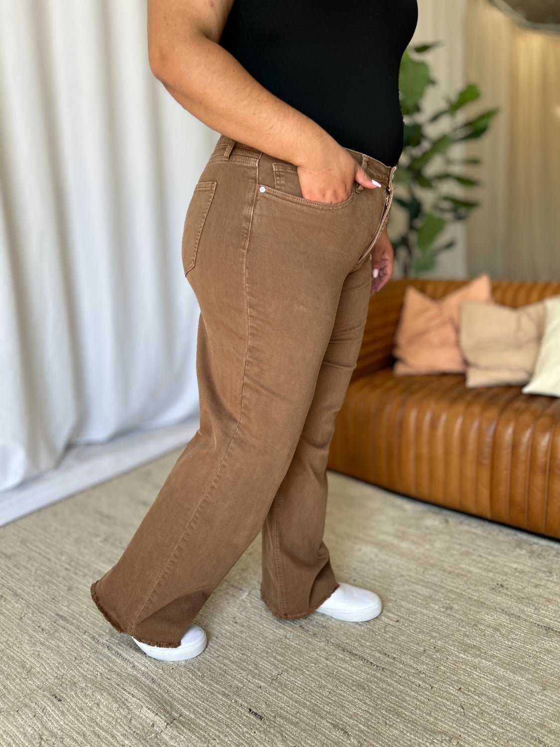 ROYALTY FOR ME - High Rise Garment Dye Wide Leg Jeans in Coffee