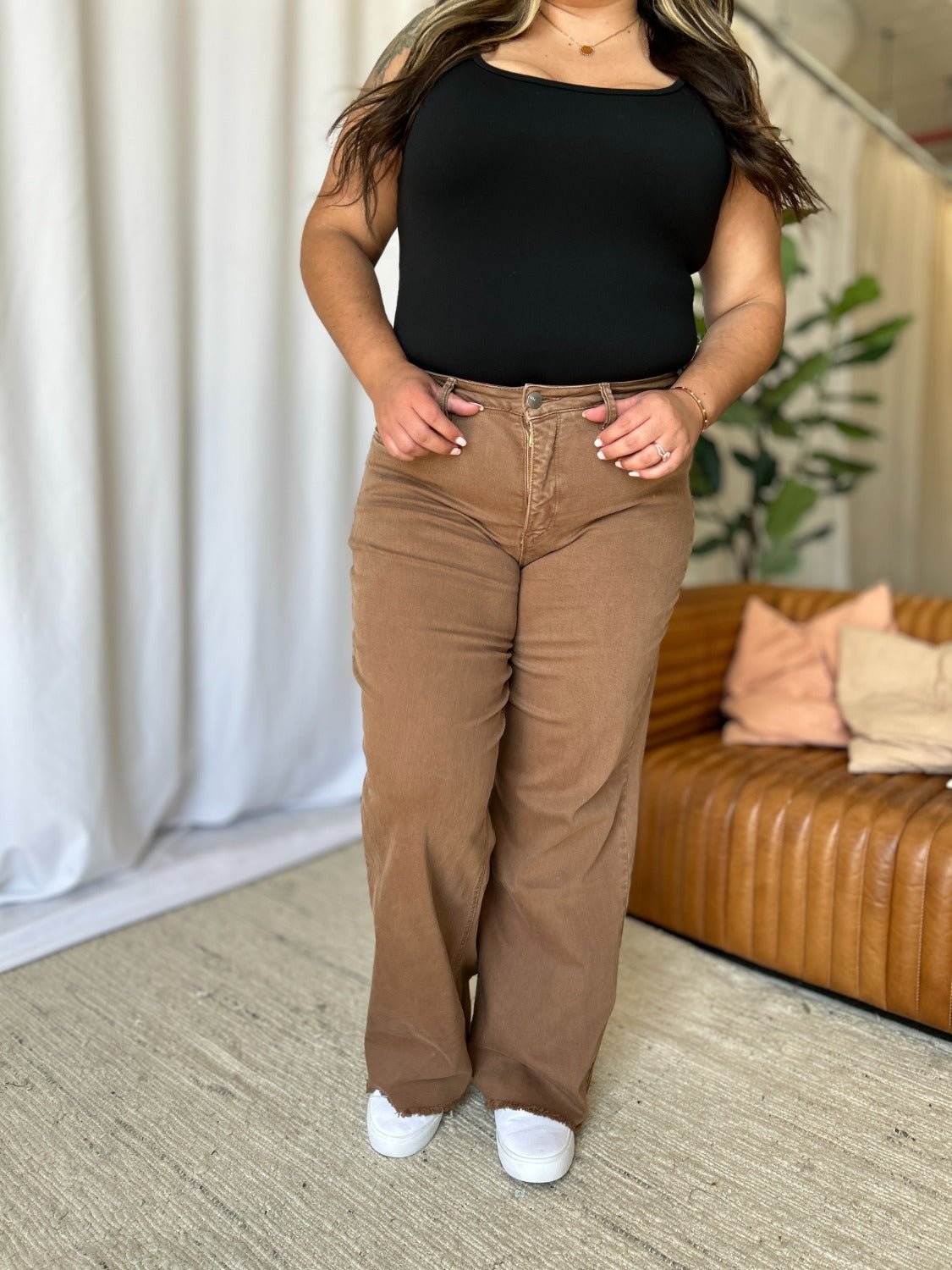 ROYALTY FOR ME - High Rise Garment Dye Wide Leg Jeans in Coffee