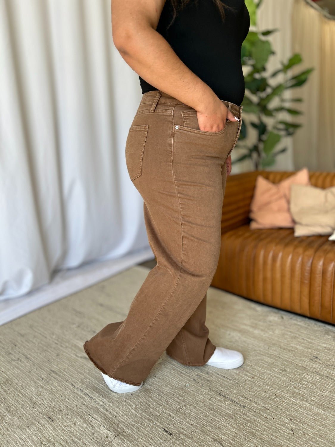 ROYALTY FOR ME - High Rise Garment Dye Wide Leg Jeans in Coffee