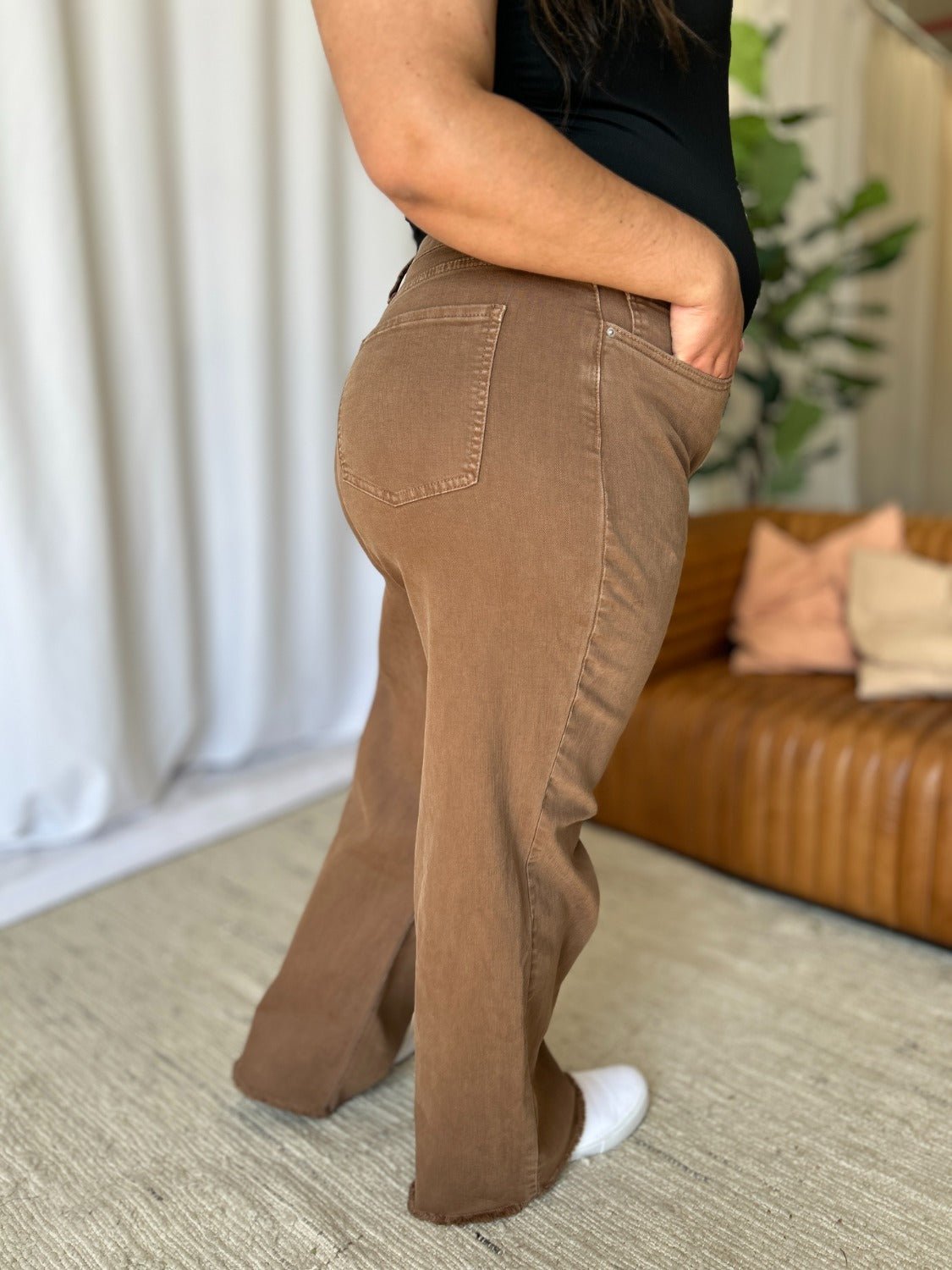 ROYALTY FOR ME - High Rise Garment Dye Wide Leg Jeans in Coffee