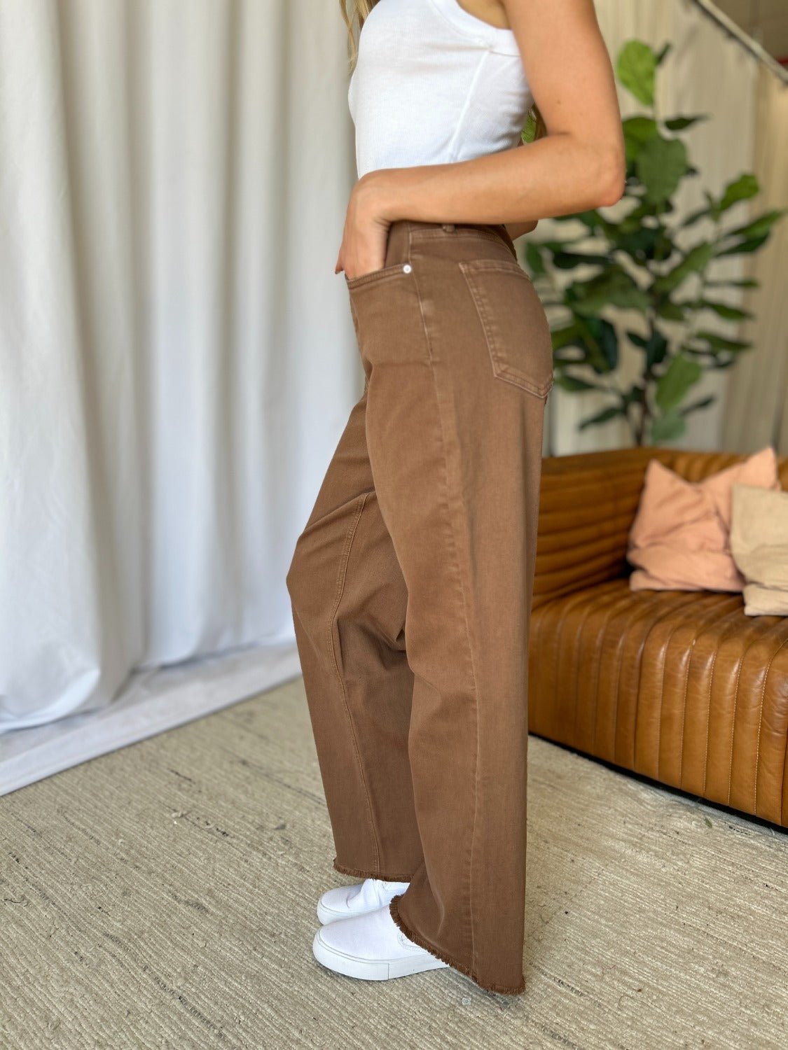 ROYALTY FOR ME - High Rise Garment Dye Wide Leg Jeans in Coffee