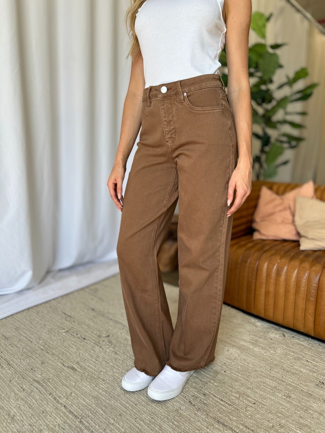 ROYALTY FOR ME - High Rise Garment Dye Wide Leg Jeans in Coffee