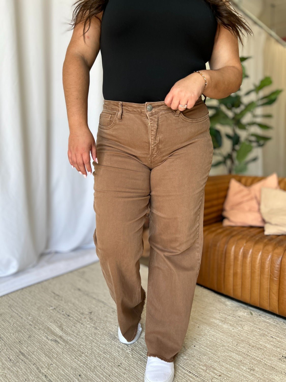 ROYALTY FOR ME - High Rise Garment Dye Wide Leg Jeans in Coffee