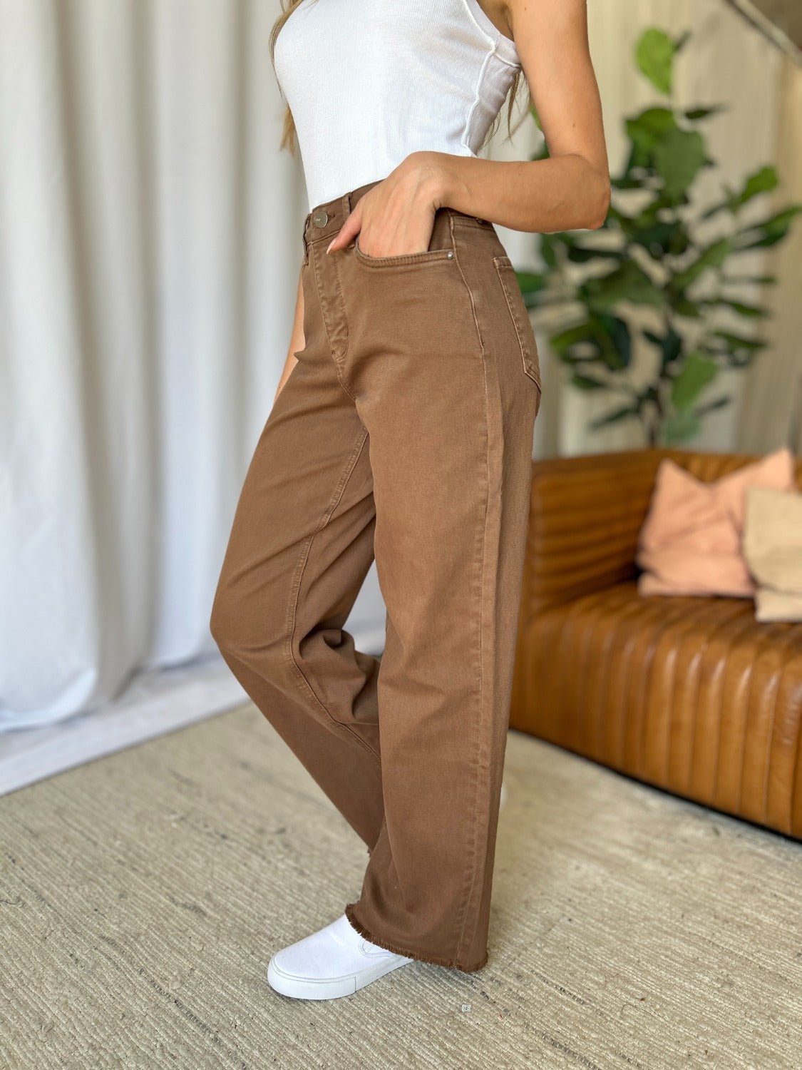 ROYALTY FOR ME - High Rise Garment Dye Wide Leg Jeans in Coffee