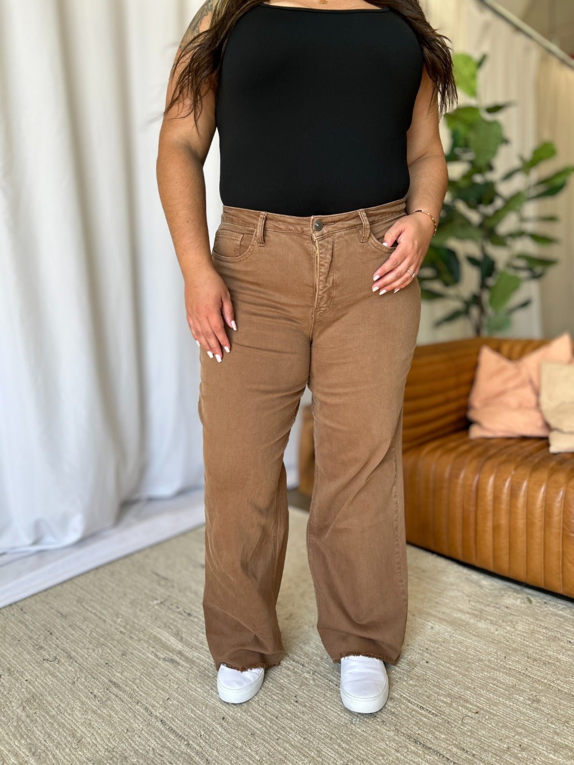 ROYALTY FOR ME - High Rise Garment Dye Wide Leg Jeans in Coffee