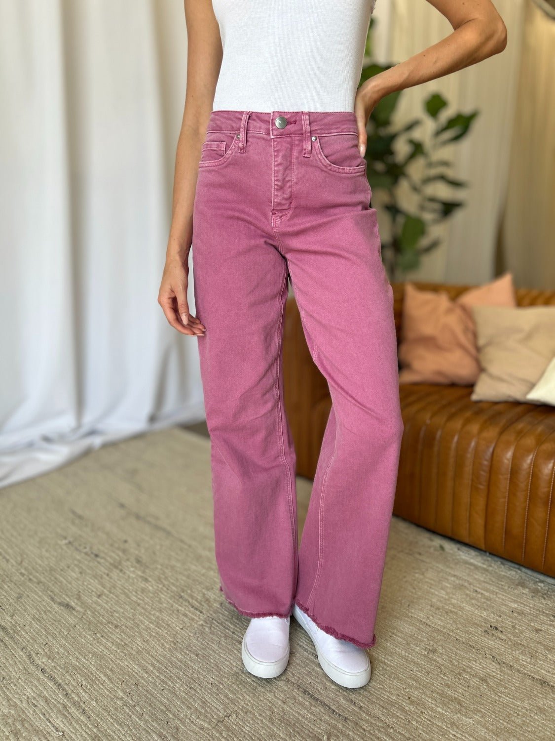 ROYALTY FOR ME - High Rise Garment Dye Wide Leg Jeans in French Rose