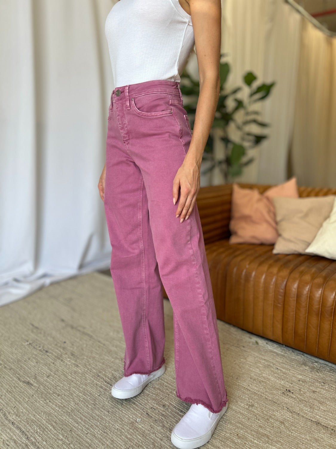 ROYALTY FOR ME - High Rise Garment Dye Wide Leg Jeans in French Rose