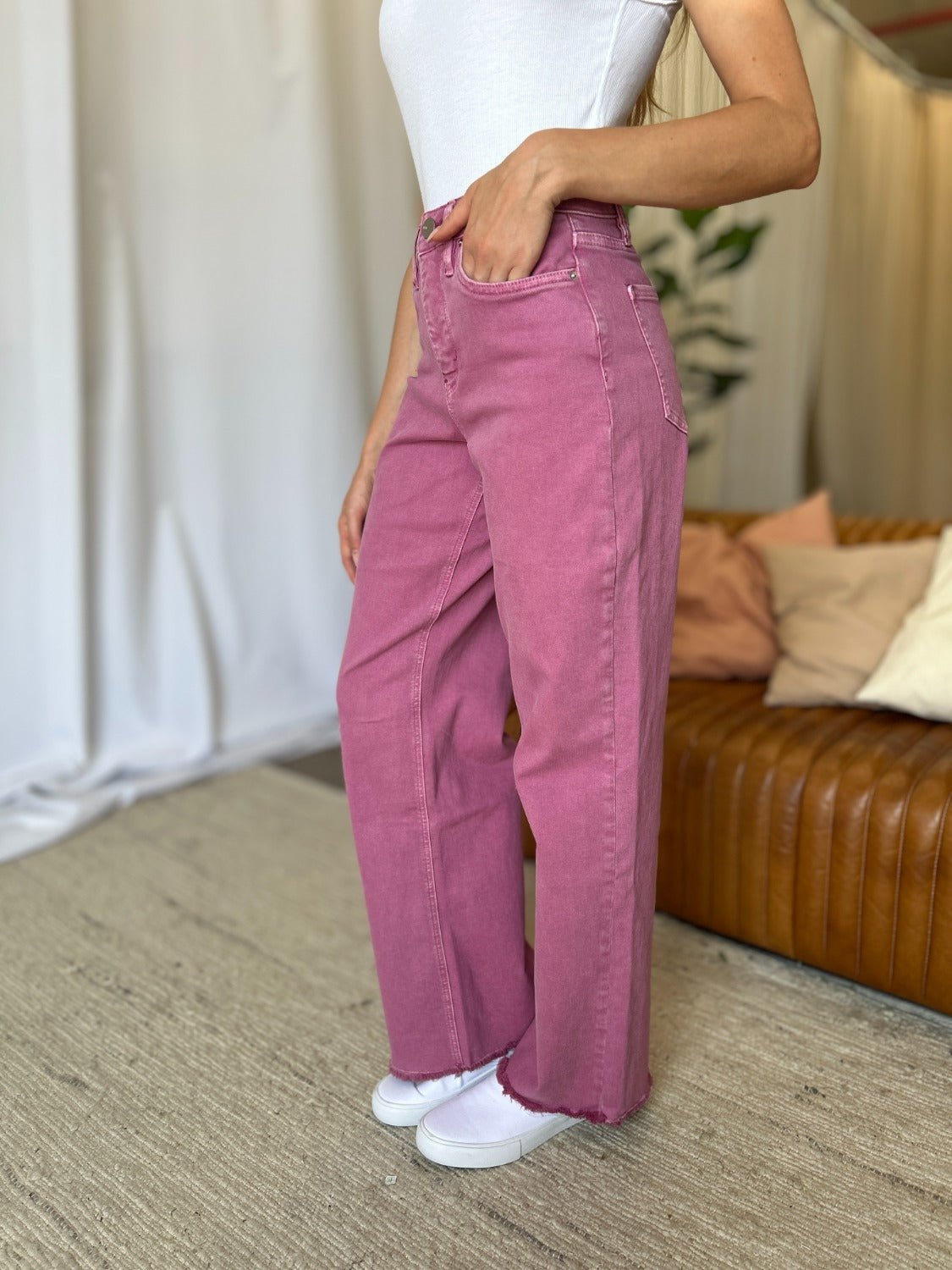 ROYALTY FOR ME - High Rise Garment Dye Wide Leg Jeans in French Rose