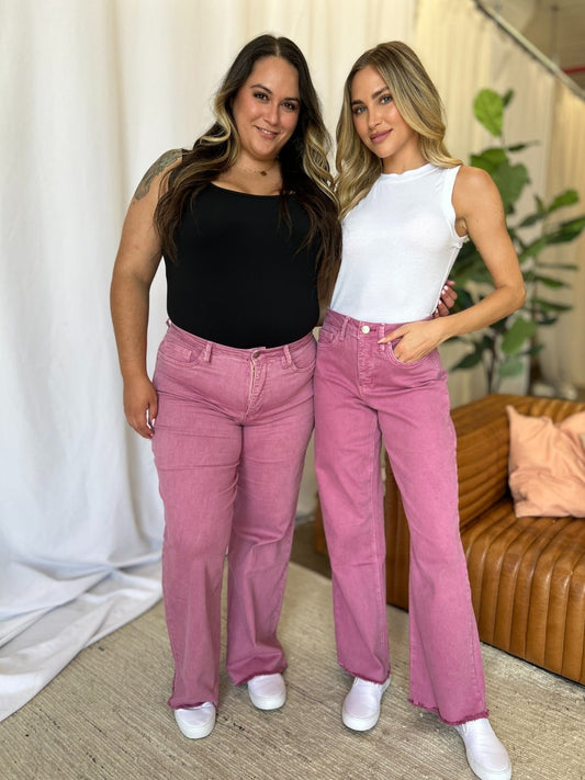 ROYALTY FOR ME - High Rise Garment Dye Wide Leg Jeans in French Rose