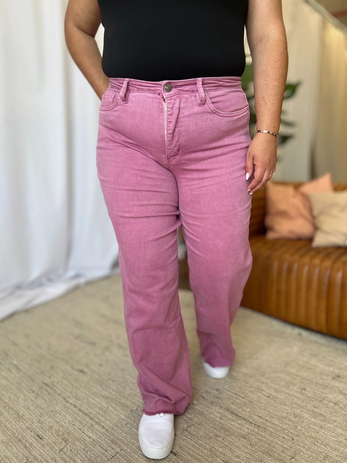 ROYALTY FOR ME - High Rise Garment Dye Wide Leg Jeans in French Rose